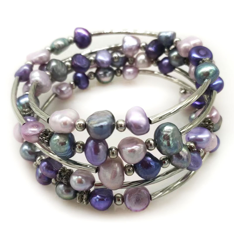 Memory Wire Bracelet - سوار من اللؤلؤ الباروكي الطبيعي بطول